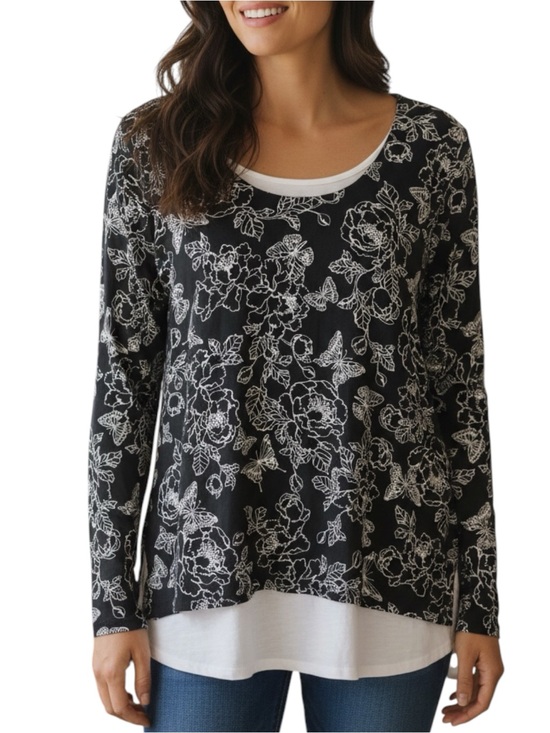 J. Jill Tops - J. Jill Sz LARGE Navy Blue Floral Butterfly Print Layered Cotton Long-Sleeve Top